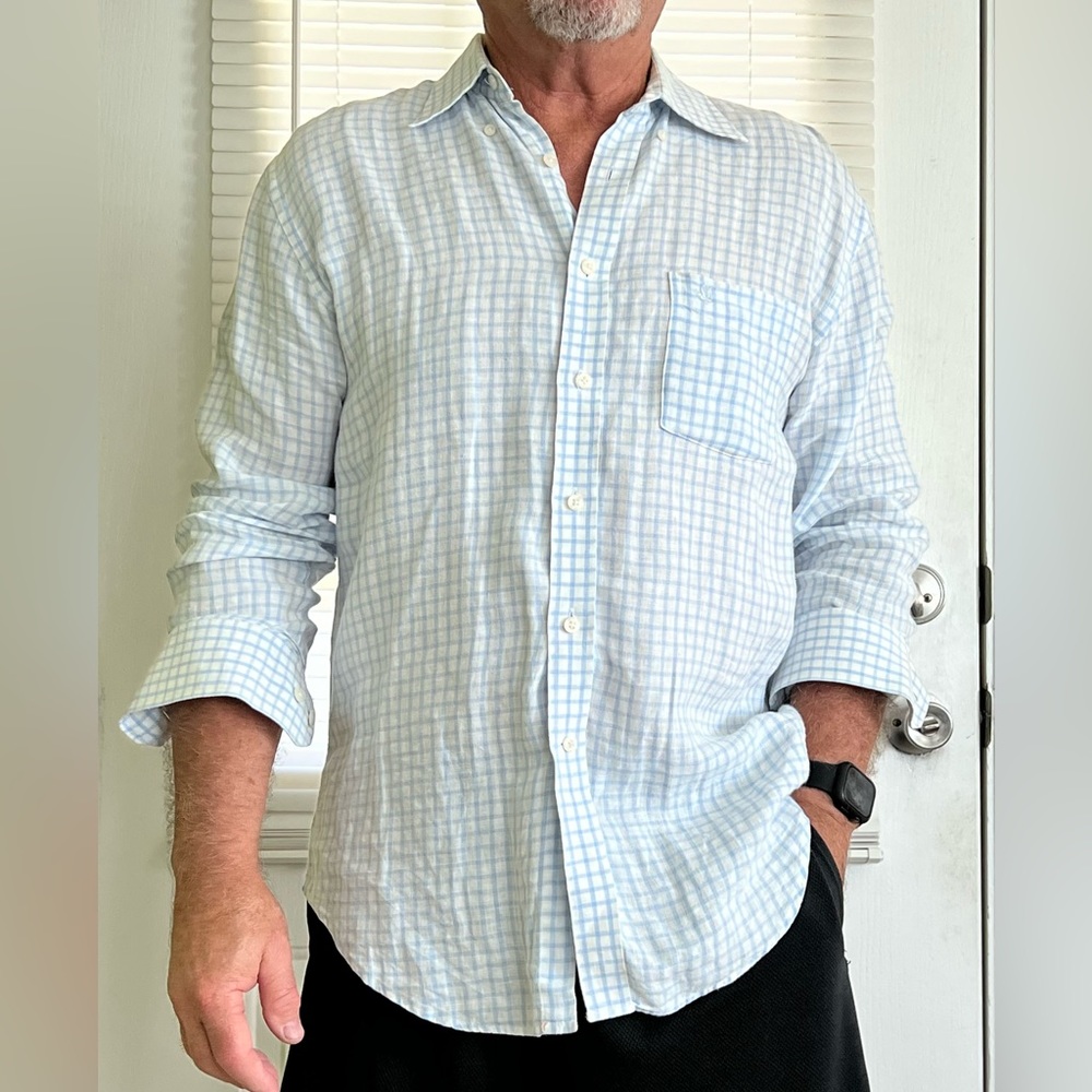 CORTEFIEL 100% linen sz L baby blue and white windowpane Shirt